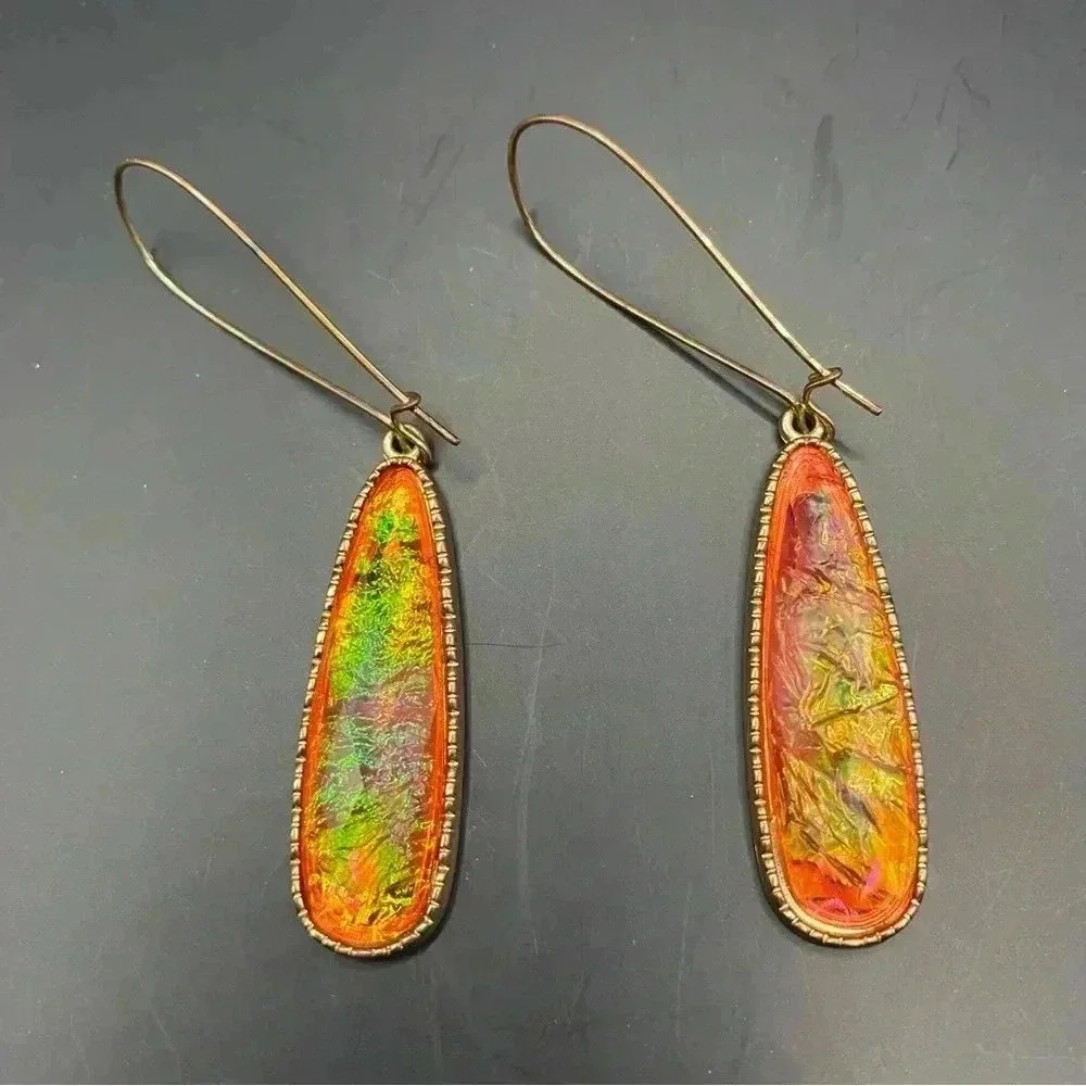 VGT Resin Earrings With Orange Foil Shifting to Green